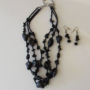 Black Bead/Polished Stones 3 Strand Necklace & Dangle Earrings Set